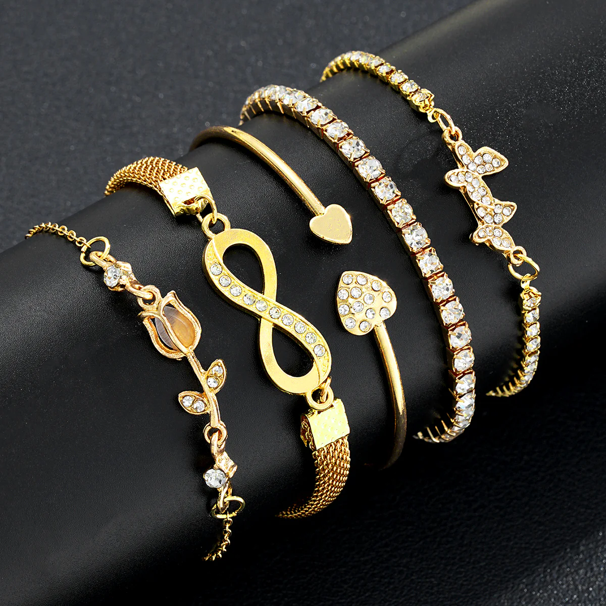 5pc Gold Butterfly & Heart Bracelet Set - Image 3