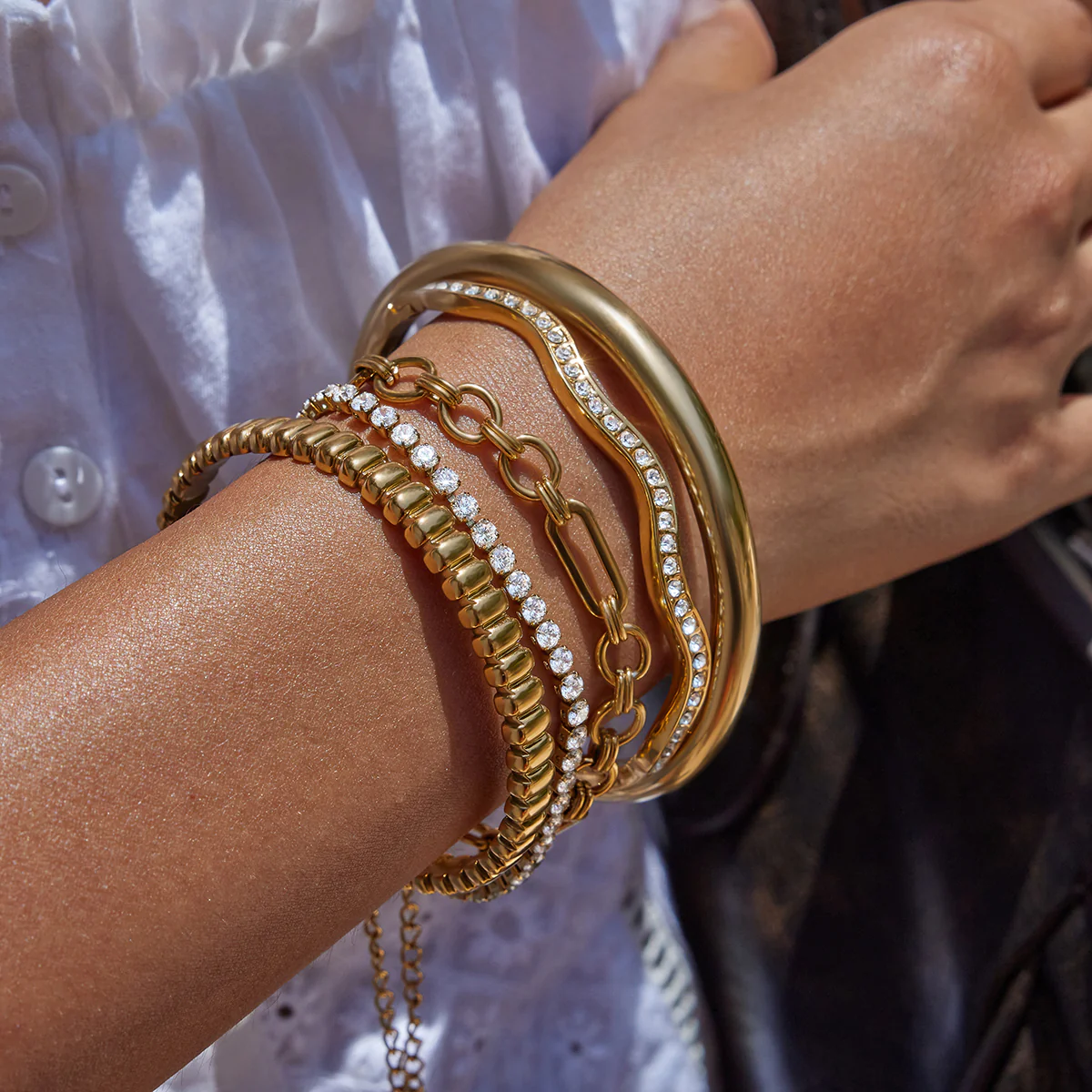5pc Gold & Crystal Accent Bracelet Stack - Image 2