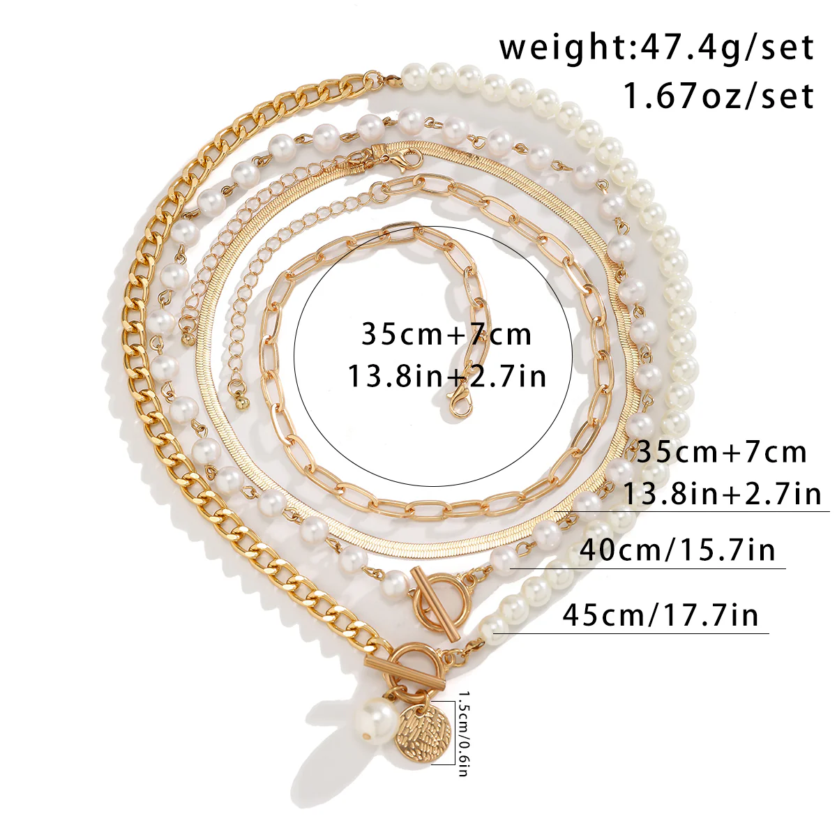 5pc Pearl & Chain Layered Necklace Set - Image 3