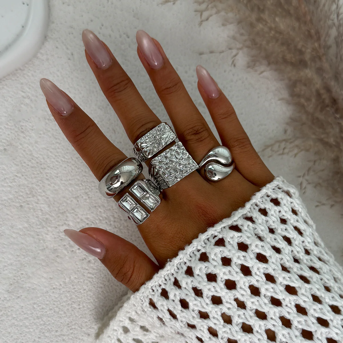 5pc Punk Chunky Geometric Ring Set - Image 2
