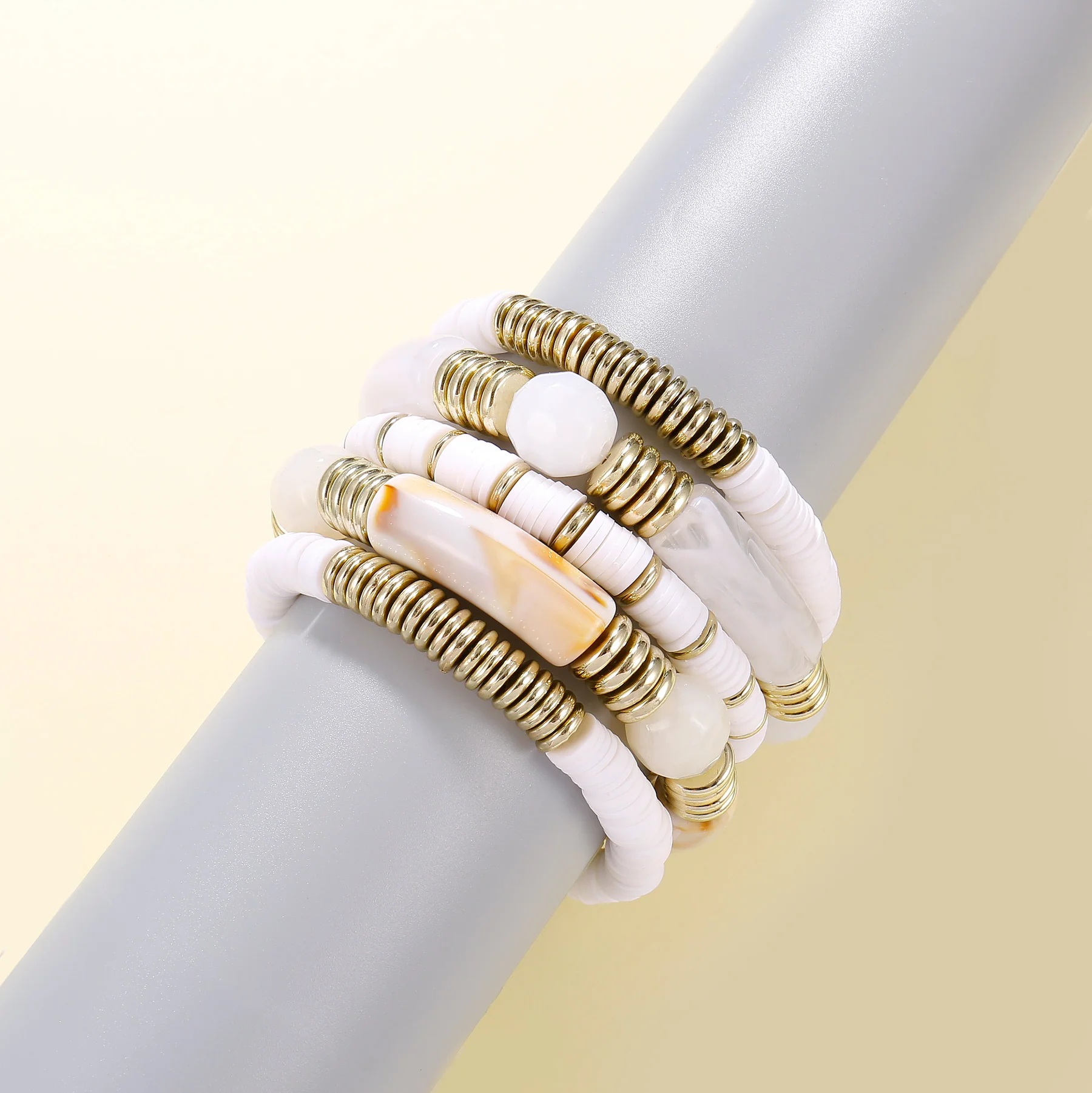 5pc White Resin & Gold Beaded Bracelet Set - Image 2