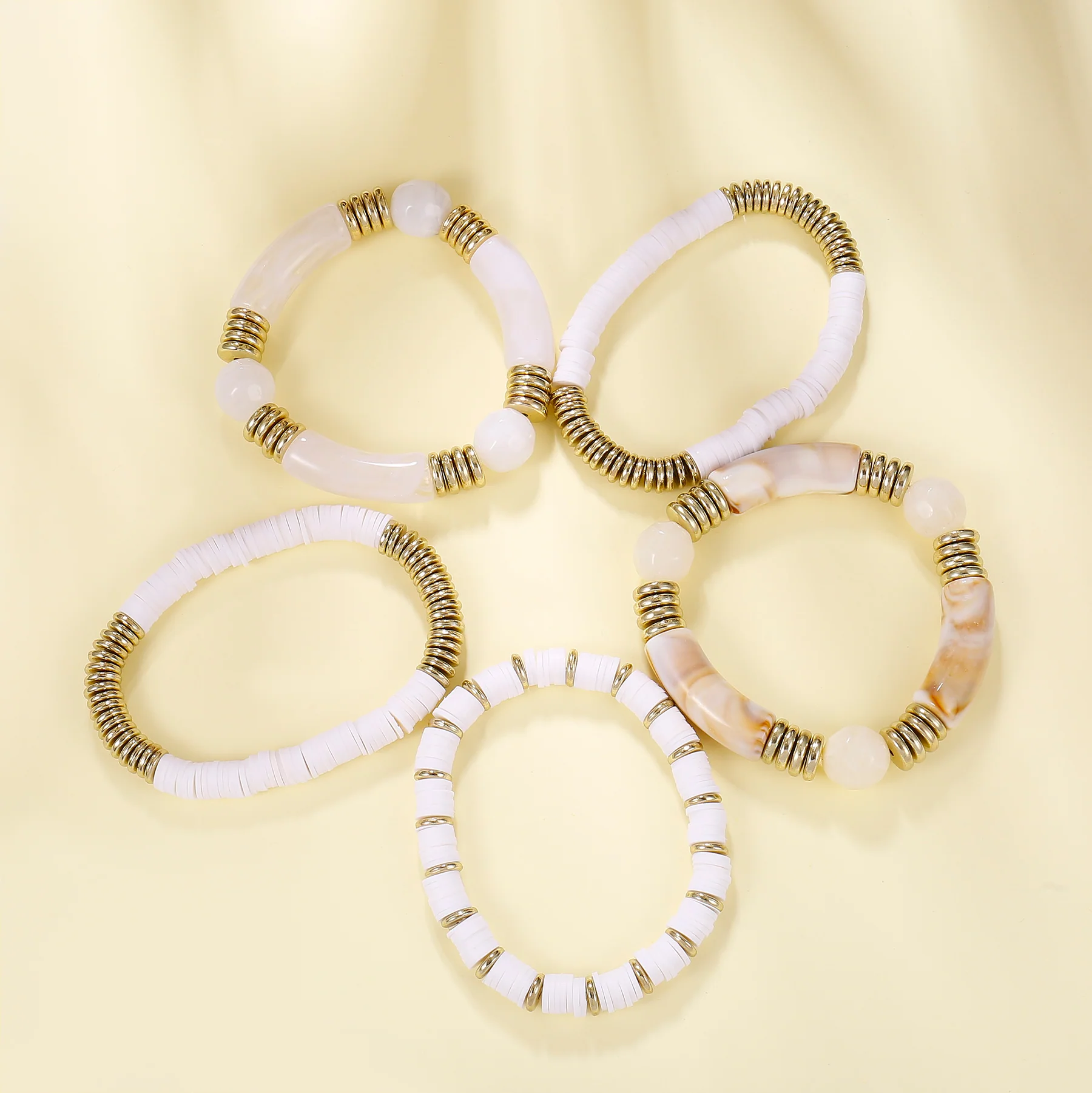 5pc White Resin & Gold Beaded Bracelet Set - Image 3