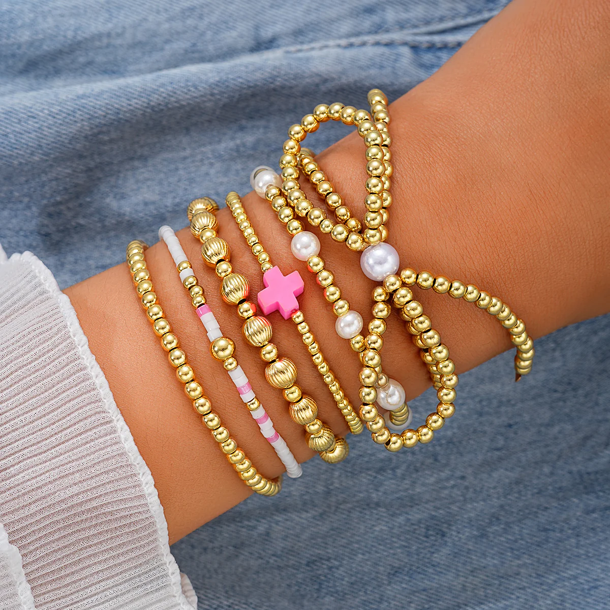 6pc Beaded Pink Cross Bracelet Stack