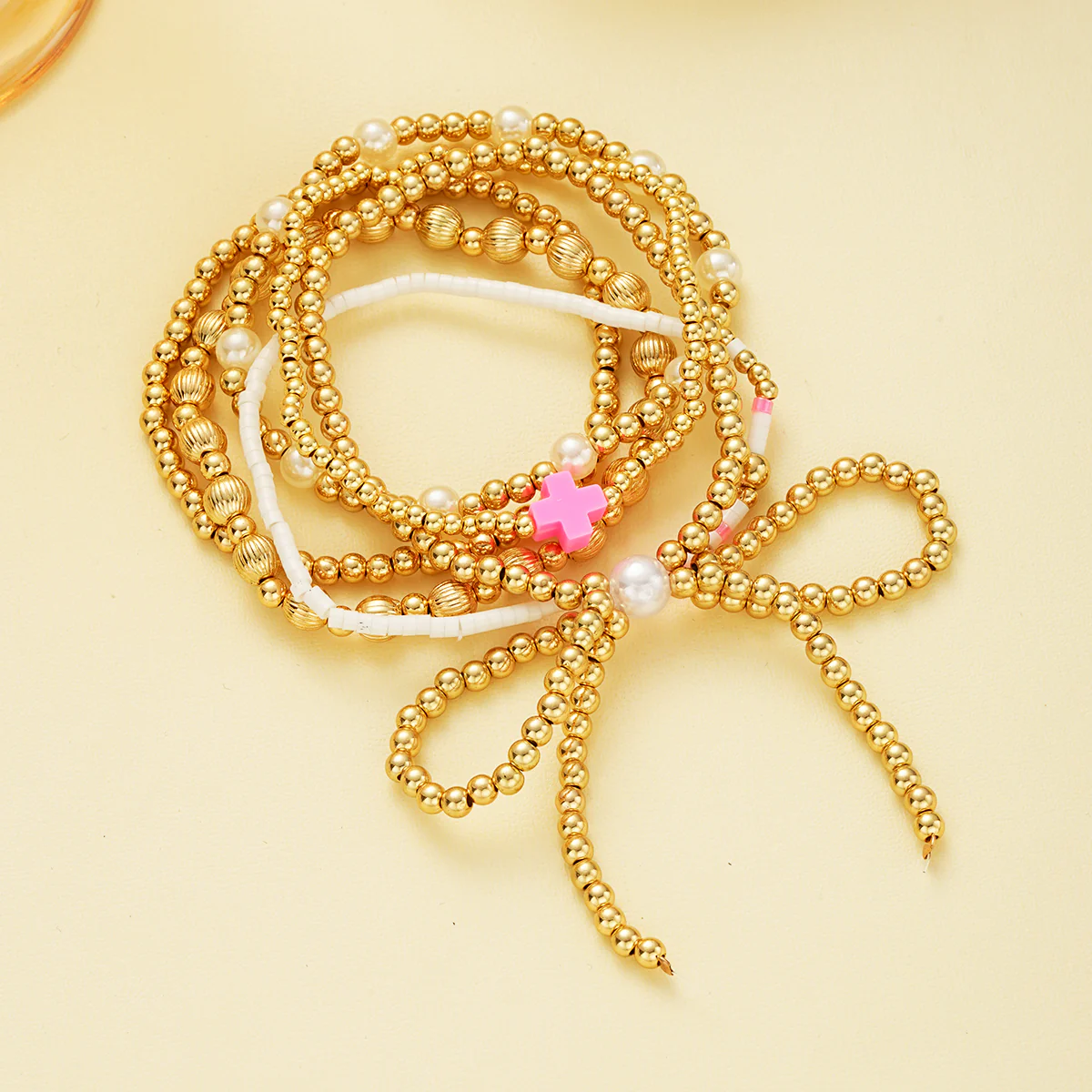 6pc Beaded Pink Cross Bracelet Stack - Image 2