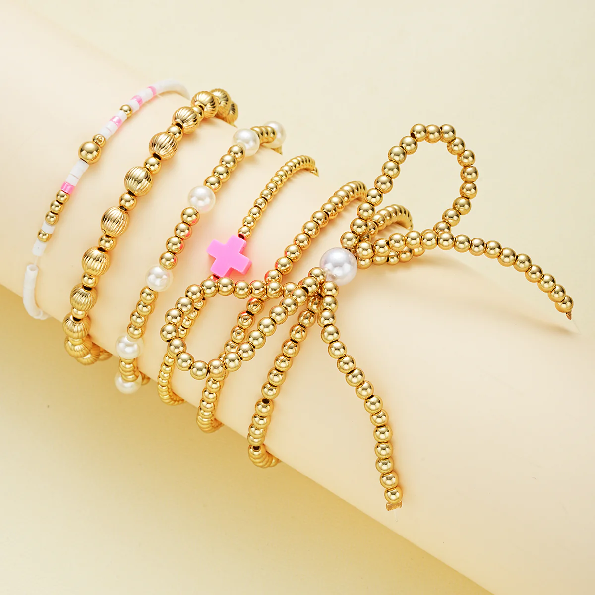 6pc Beaded Pink Cross Bracelet Stack - Image 3