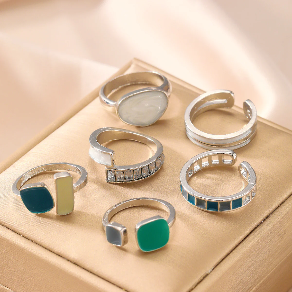 6pc Colorful Geometric Enamel Ring Set - Image 2