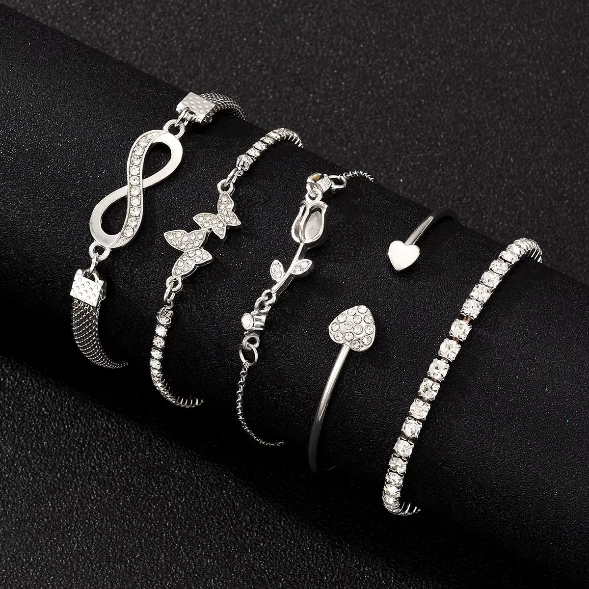 6pc Crystal Heart & Infinity Bracelet Stack - Image 2