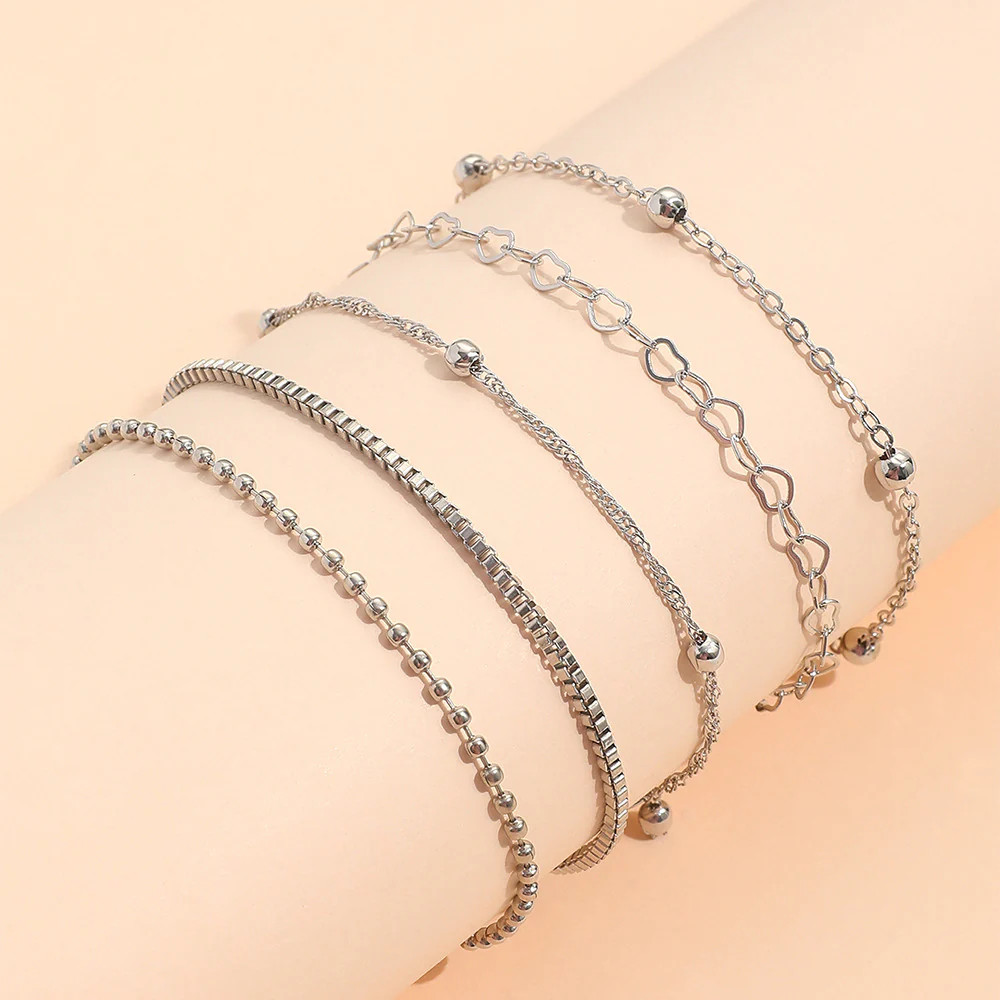 6pc Dainty Silver Heart & Bead Bracelet Set - Image 4