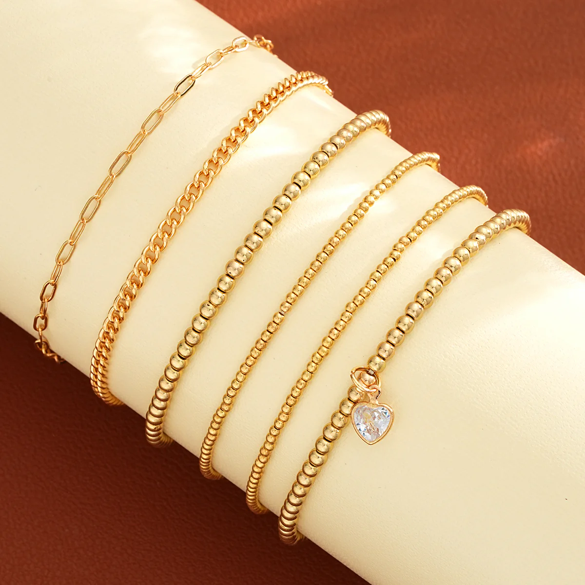 6pc Gold Beaded Charm Bracelet Set - Image 2