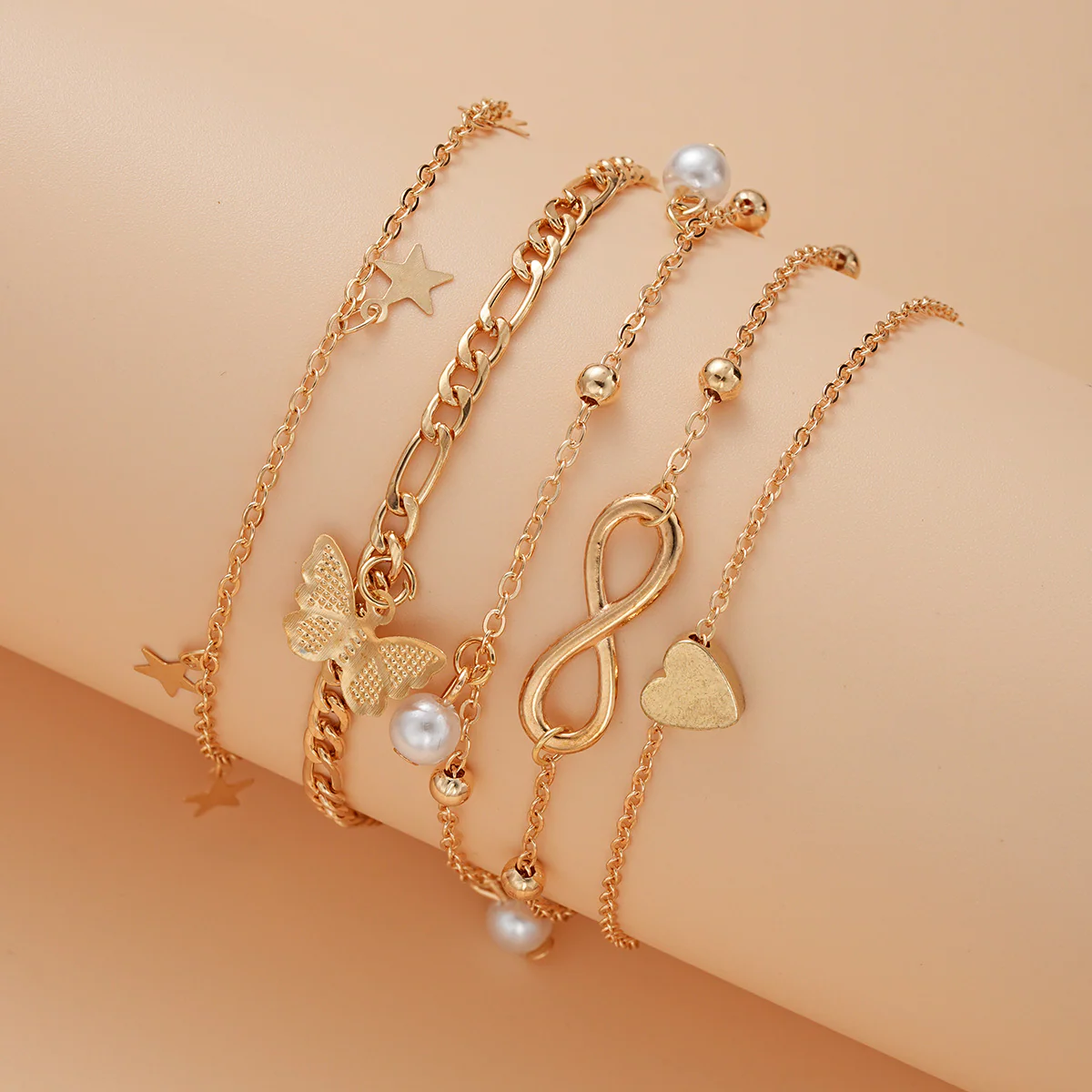 6pc Gold Charm Anklet Set - Image 3