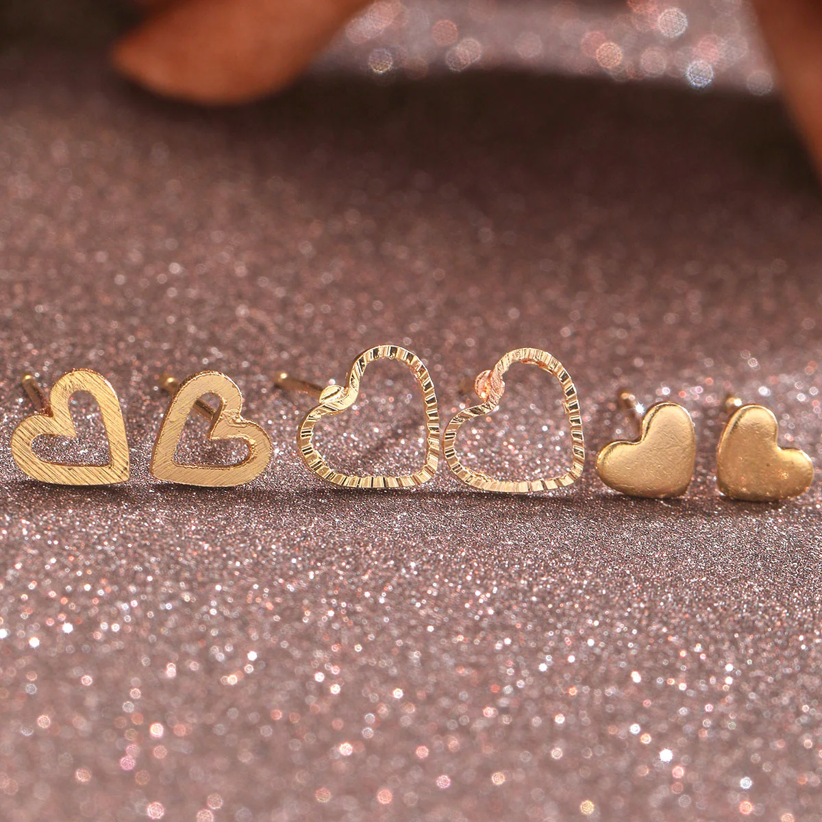 6pc Gold Heart Stud Earring Set - Image 3