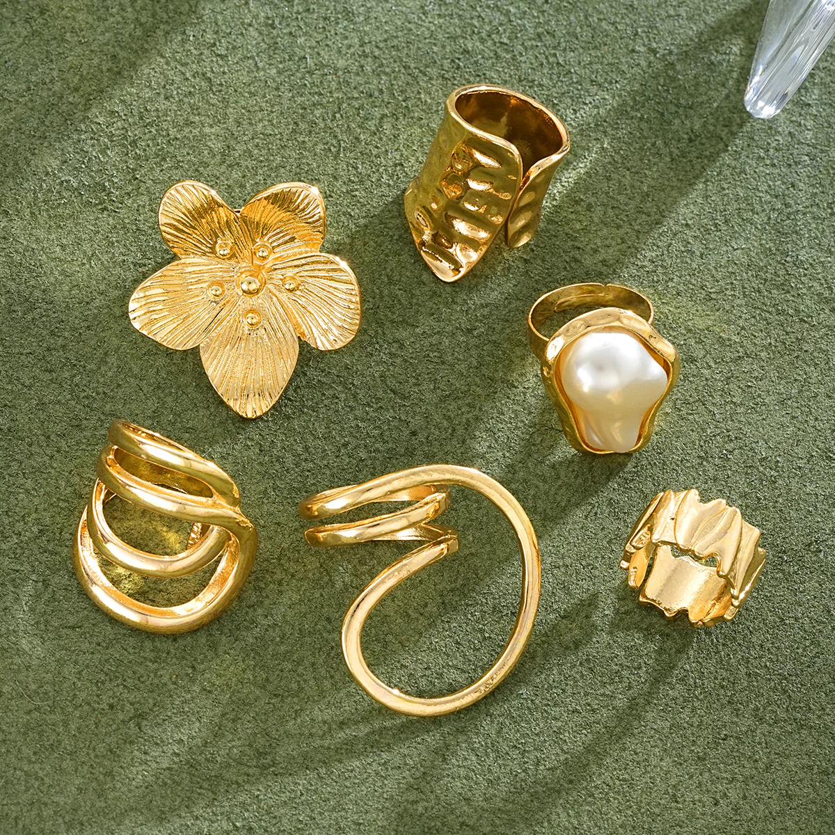 6pc Imitation Pearl & Flower Ring Set - Image 2