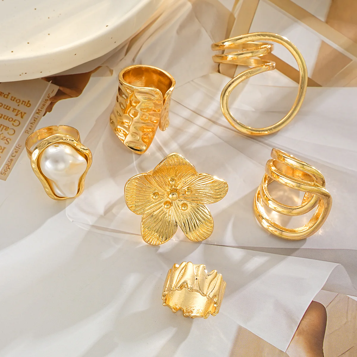 6pc Imitation Pearl & Flower Ring Set - Image 3