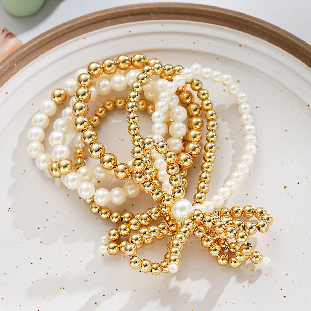6pc Pearl & Gold Beaded Bow Bracelet Set - Image 2