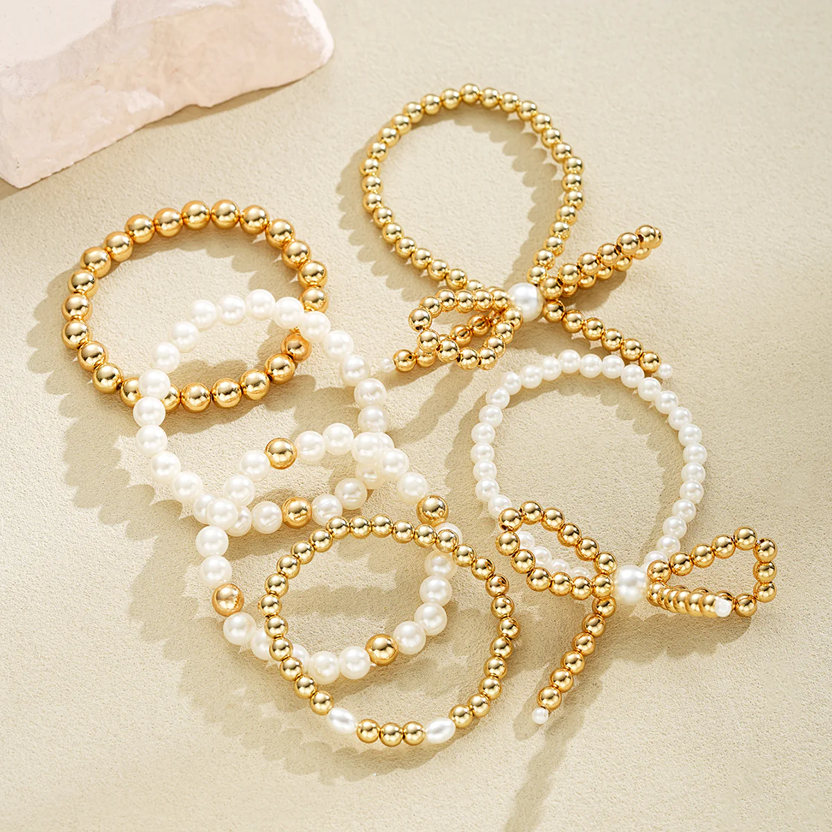 6pc Pearl & Gold Beaded Bow Bracelet Set - Image 3