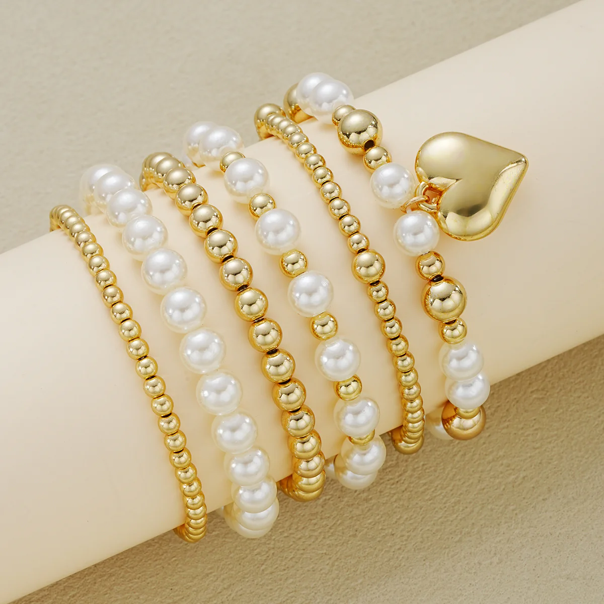 6pc Pearl & Gold Beaded Heart Bracelet Set - Image 2