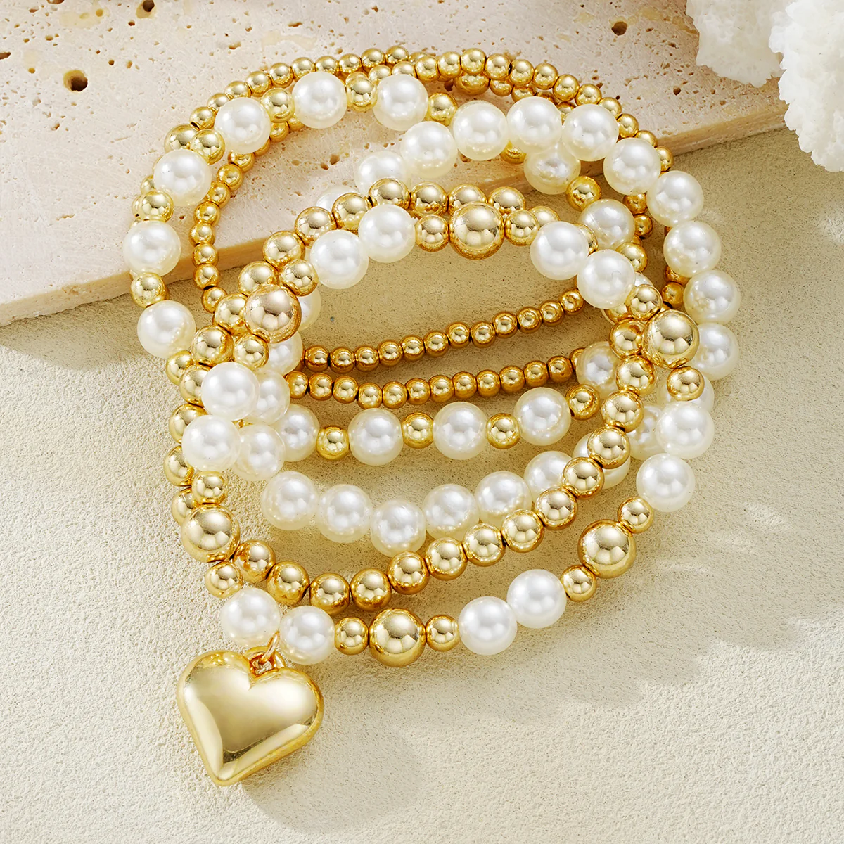 6pc Pearl & Gold Beaded Heart Bracelet Set - Image 3
