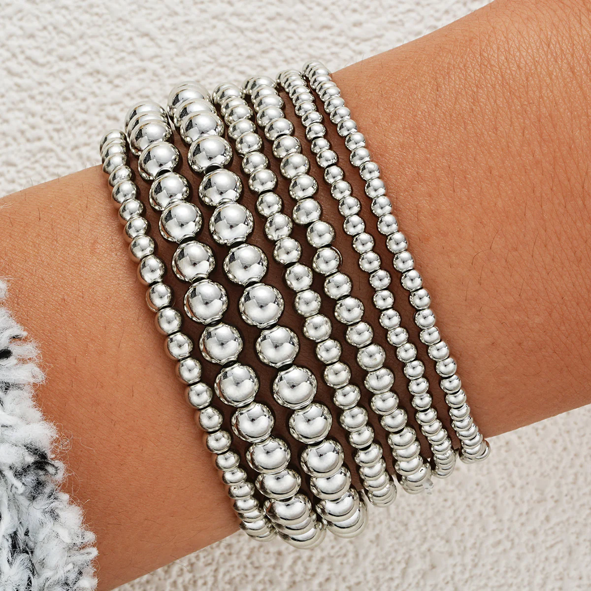 6pc Polished Gold Beaded Bracelet Stack - Image 2