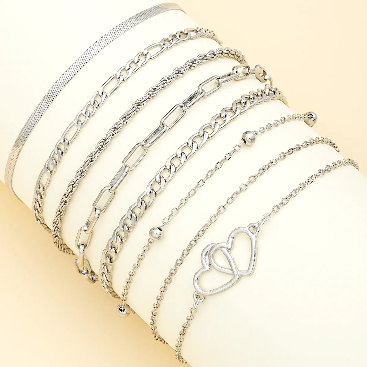 7pc Boho Double Heart Anklet Set - Image 3