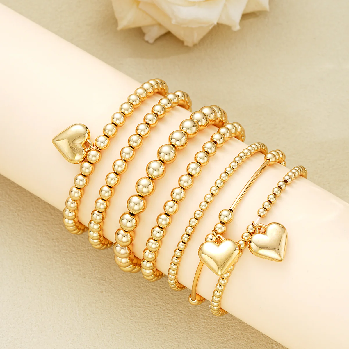 7pc Gold Beaded Heart Charm Bracelet Set - Image 3