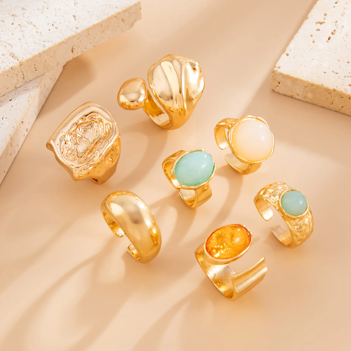 7pc Gold Crystal Geometric Ring Set - Image 3