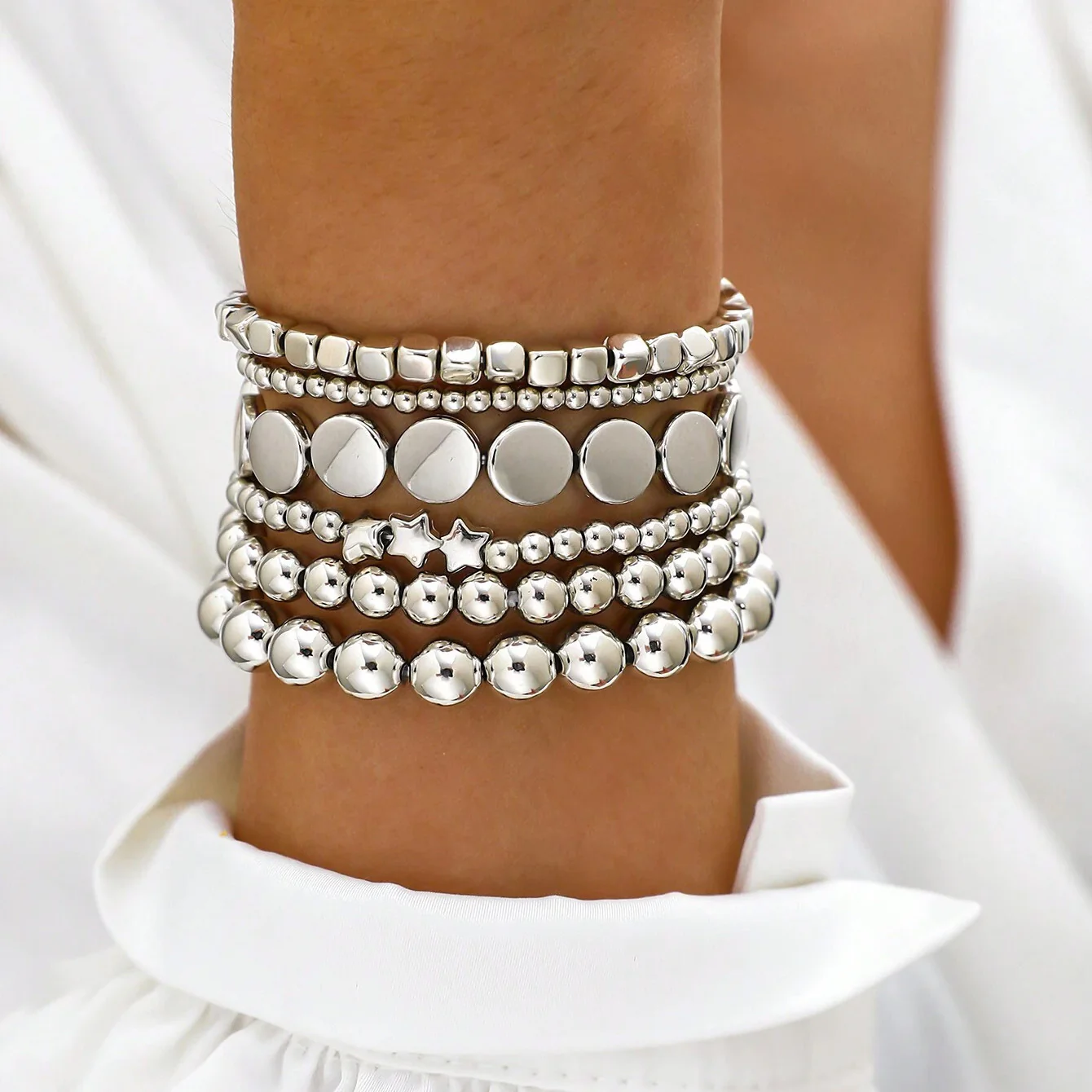 6pc Gold Stretch Bead Bracelet Stack - Image 2
