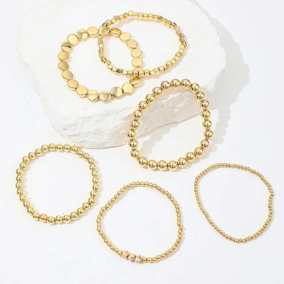 6pc Gold Stretch Bead Bracelet Stack - Image 4