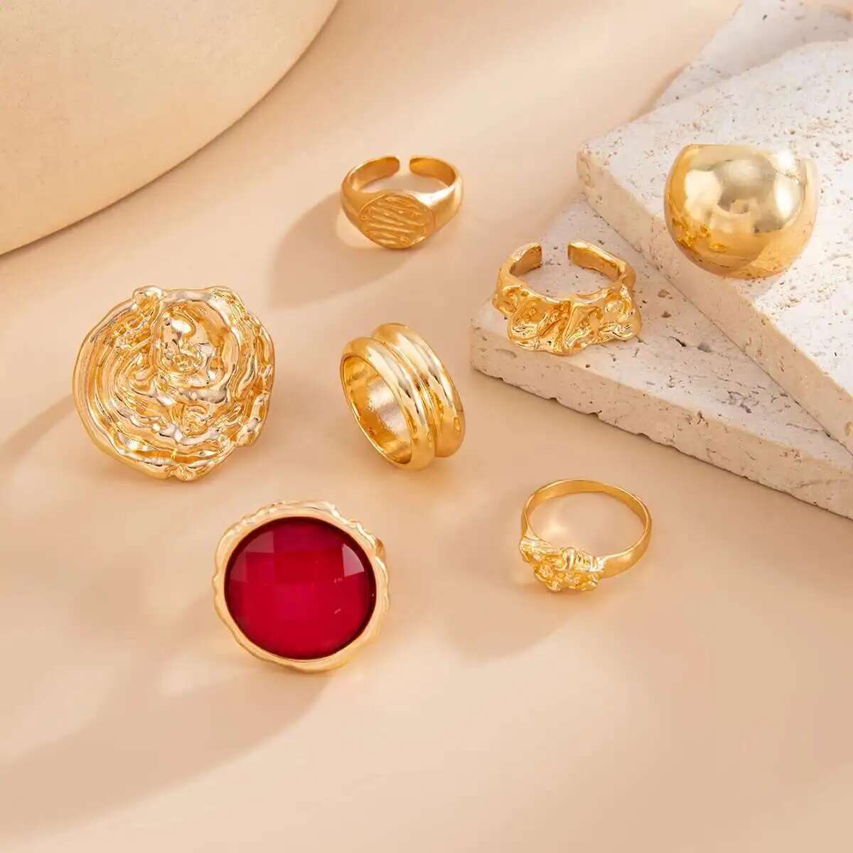 7pc Retro Rose & Geometric Ring Set - Image 3