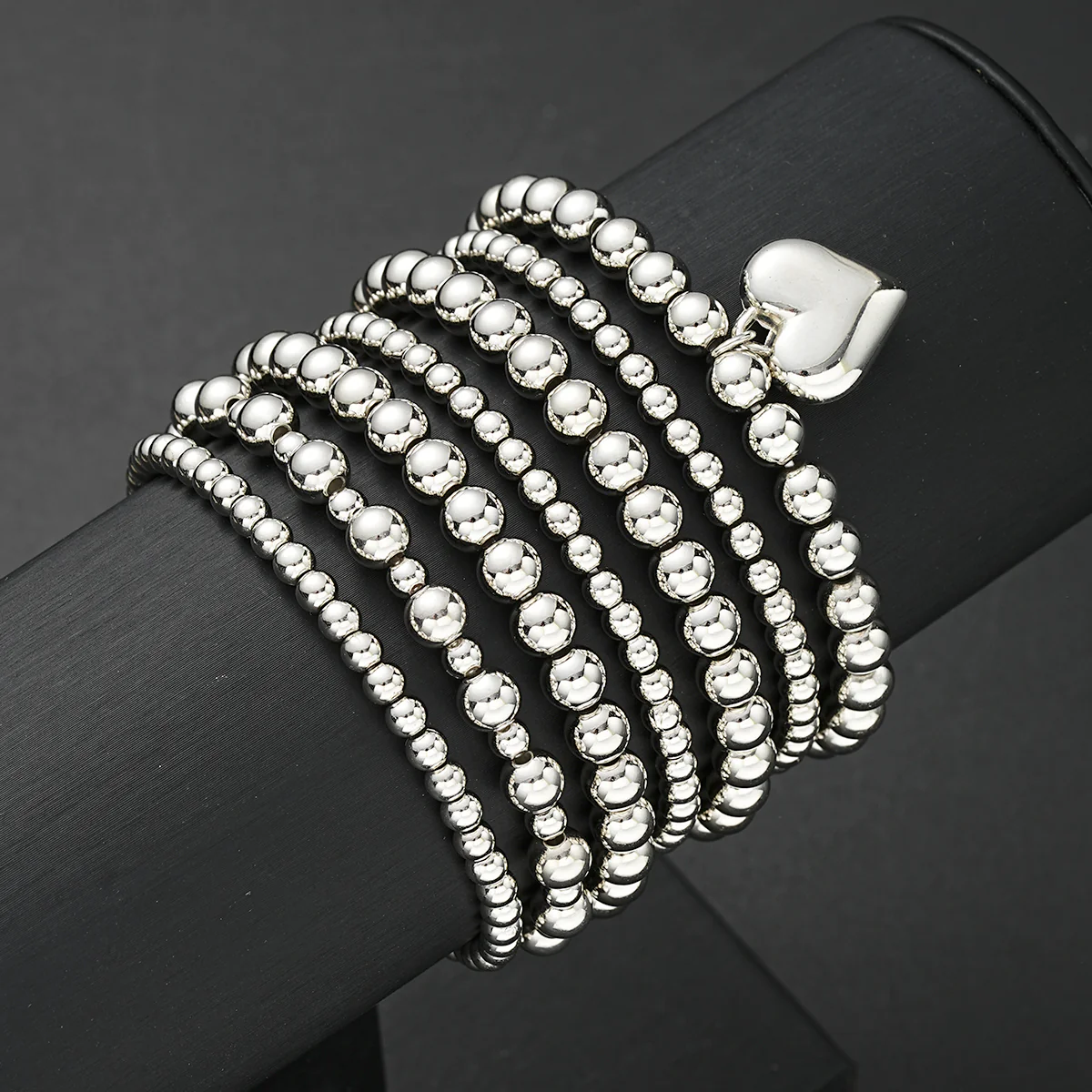 7pc Silver Heart Charm Beaded Bracelet Set - Image 3