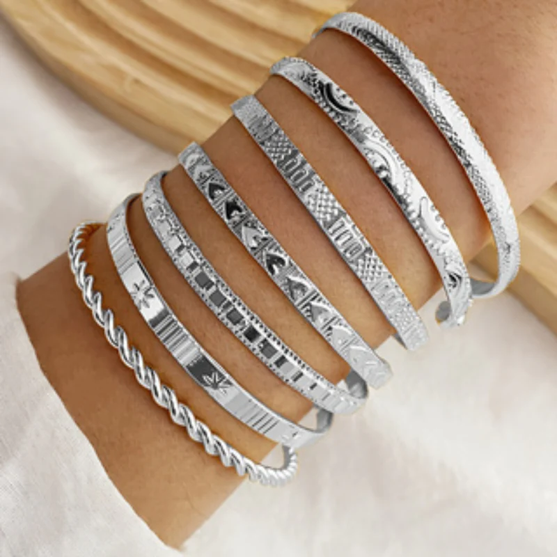 8pc Vintage Etched Bangle Bracelet Set - Image 2