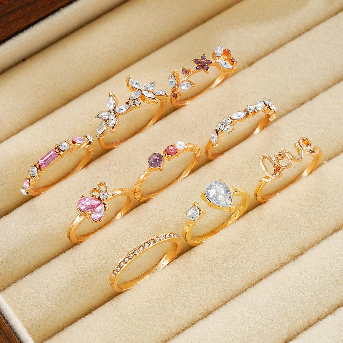 9pc Colorful Crystal Butterfly Ring Set - Image 3