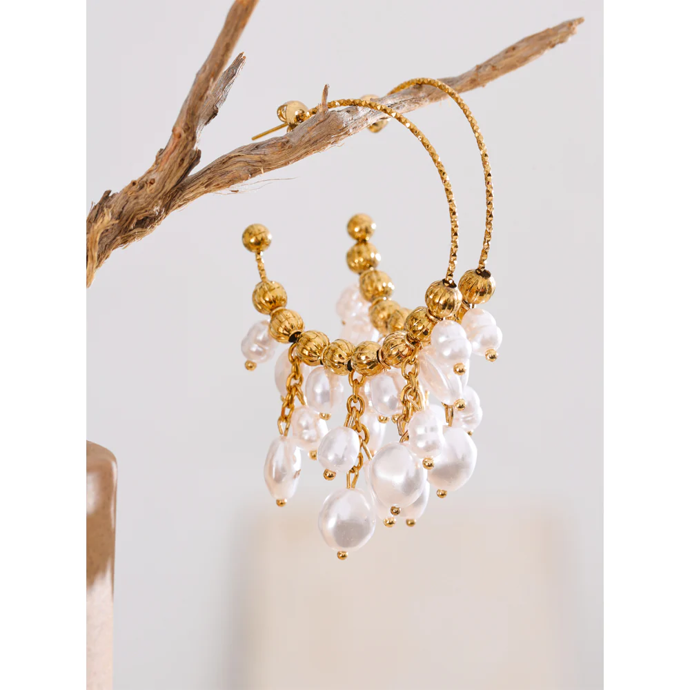 Baroque Pearl Drop Hoop Earrings - Image 2