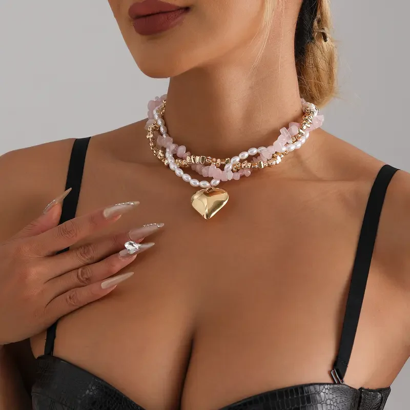 Baroque Pearl Heart Layered Necklace Set - Image 3