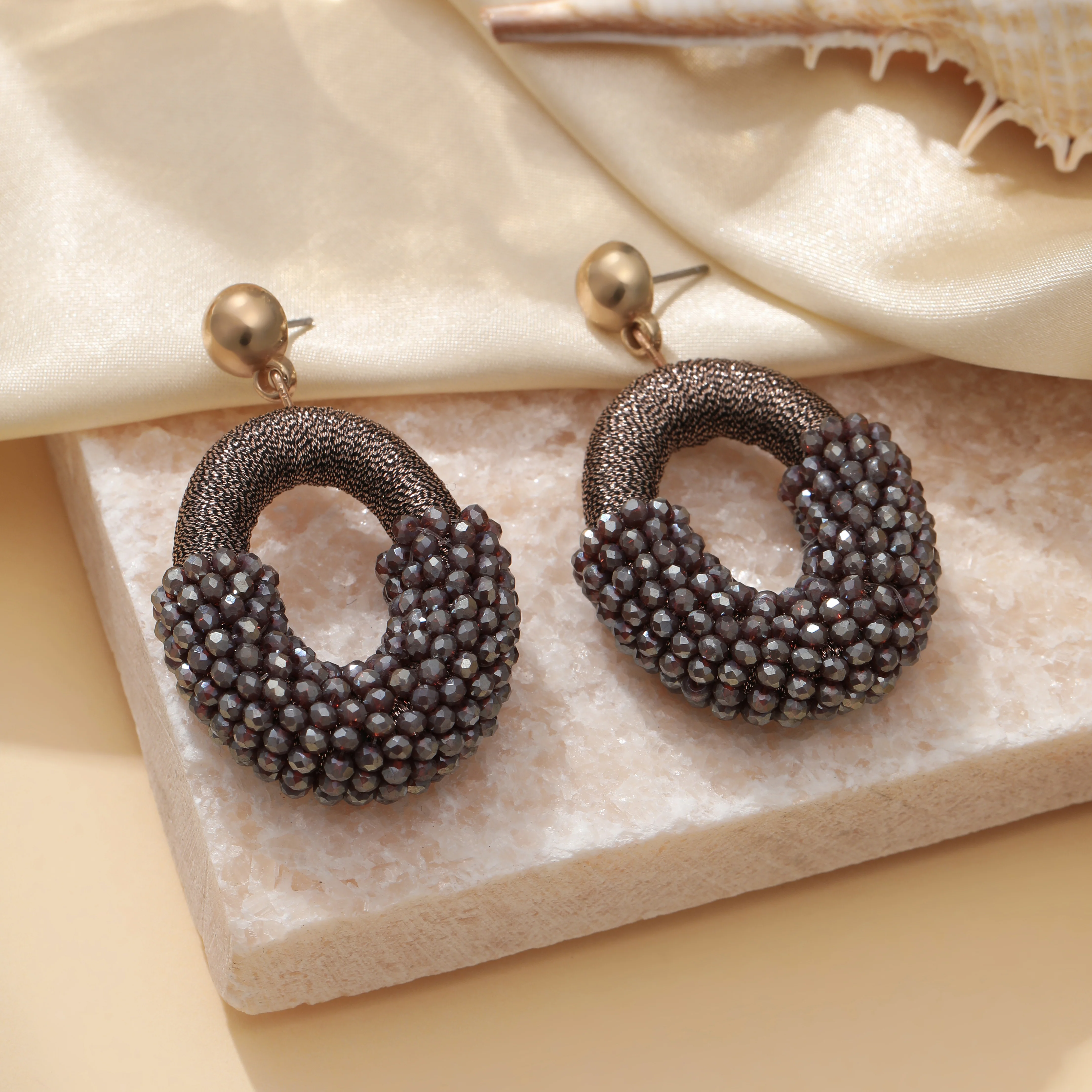 Beaded Gold Cluster Stud Earrings - Image 12