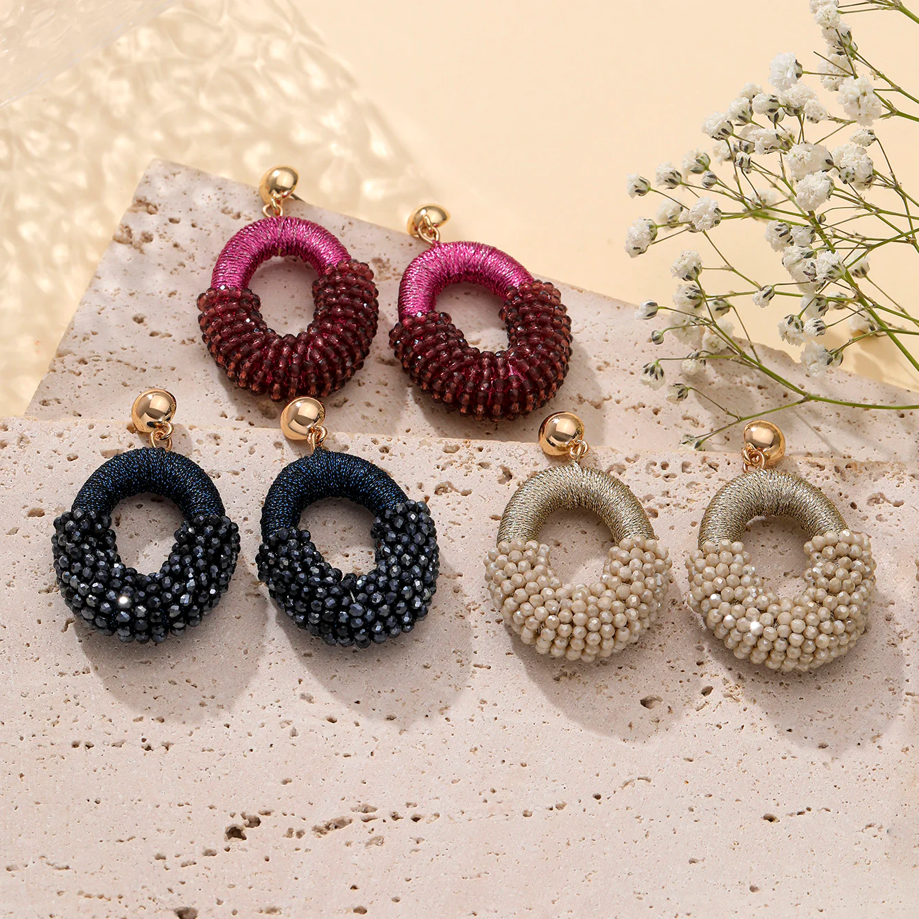 Beaded Gold Cluster Stud Earrings - Image 24