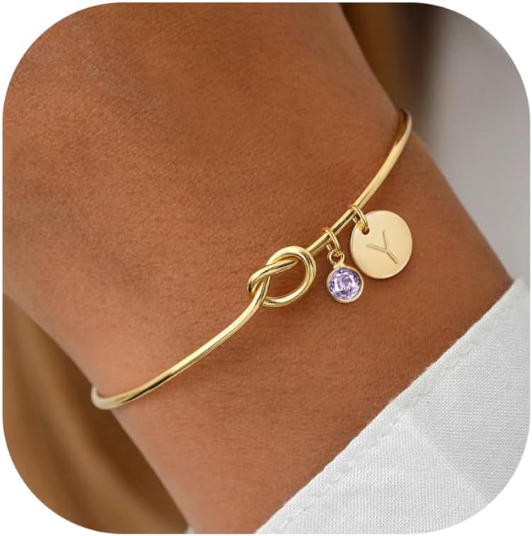 Birthstone Initial Knot Bangle Bracelet - Image 5