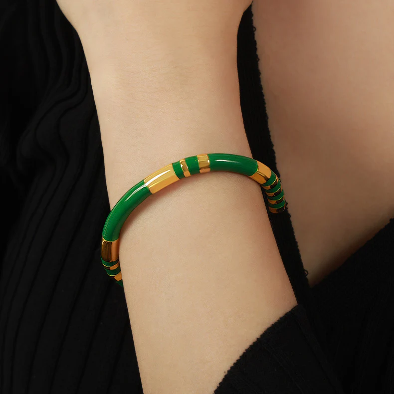 Black Enamel Gold Cuff Bangle - Image 2