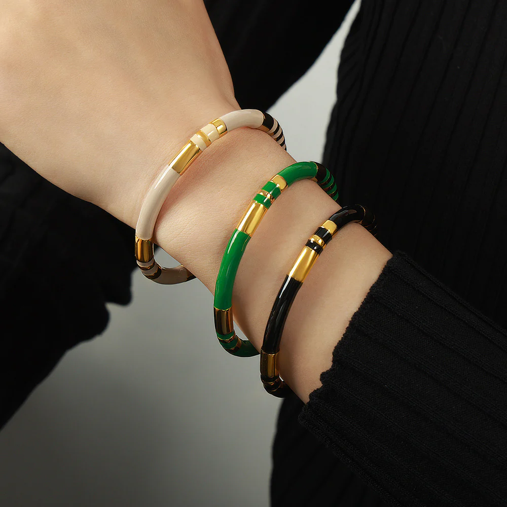 Black Enamel Gold Cuff Bangle - Image 4