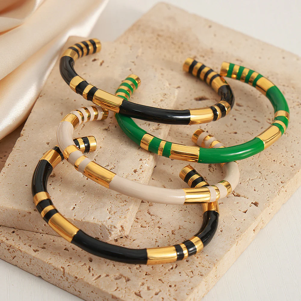 Black Enamel Gold Cuff Bangle - Image 5