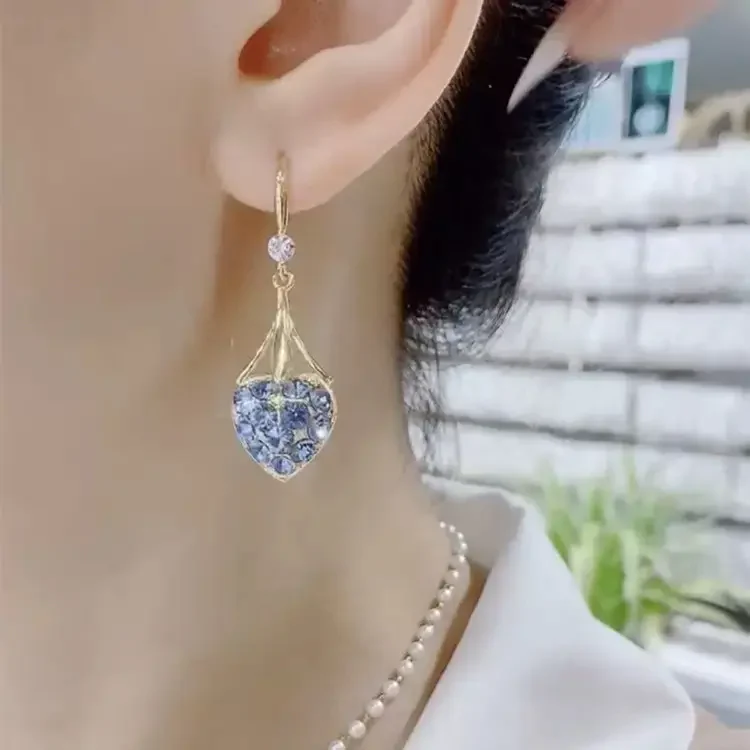 Blue Diamond Heart Earrings - Image 2