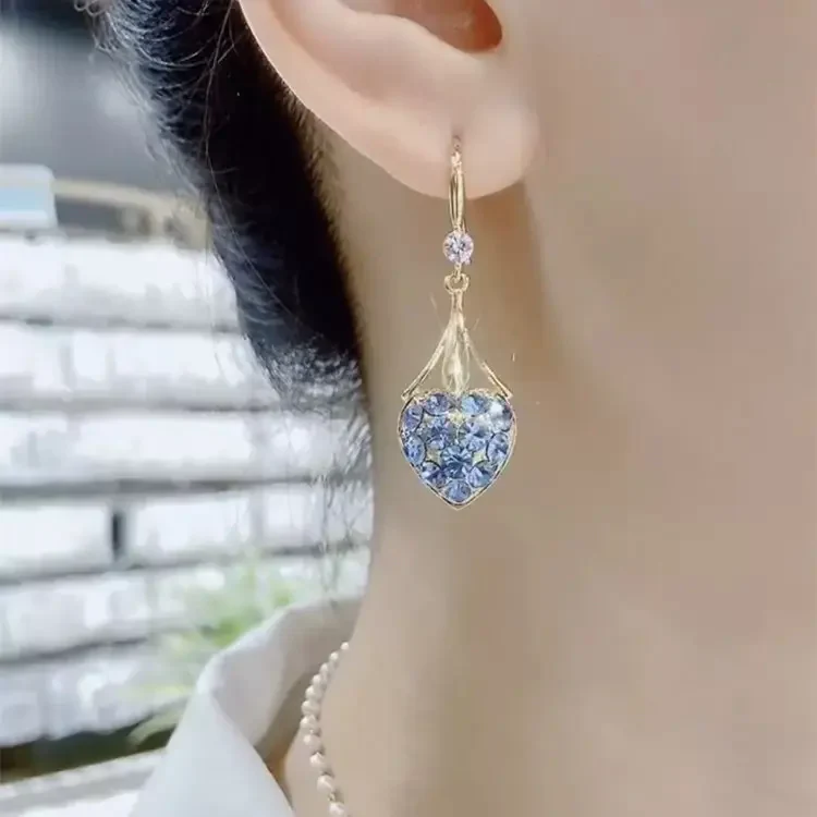 Blue Diamond Heart Earrings - Image 3