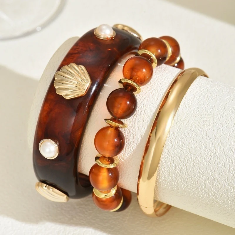 Boho Beaded Pearl & Shell Bracelet Set - Image 3