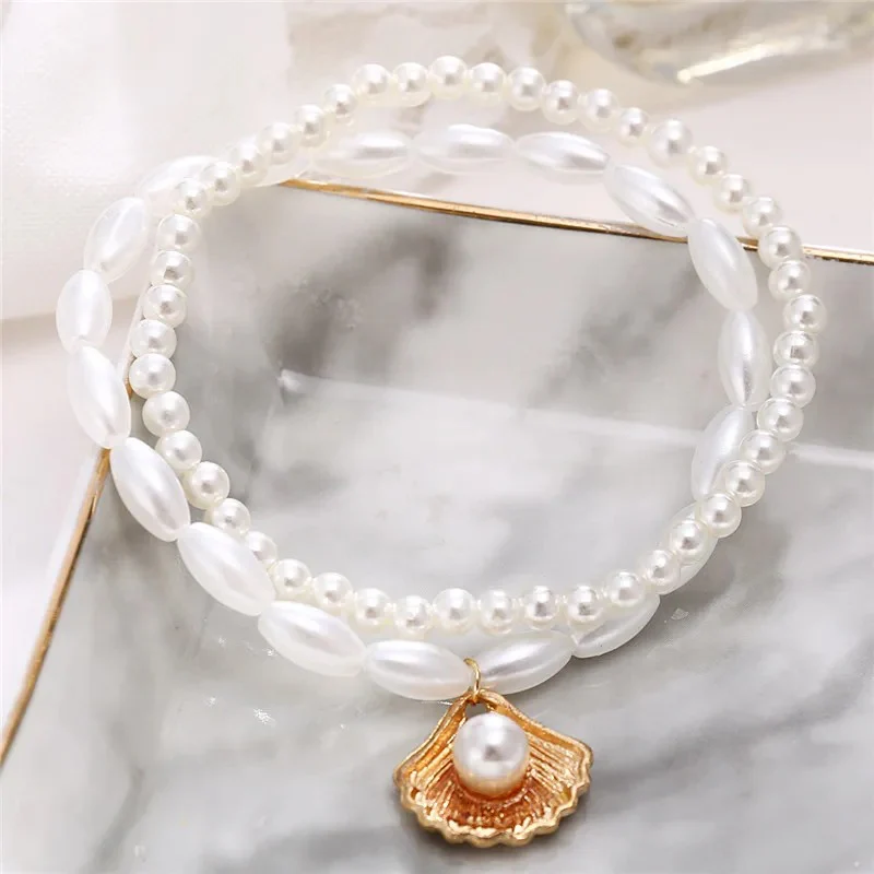 Boho Layered Shell Pearl Anklet - Image 3