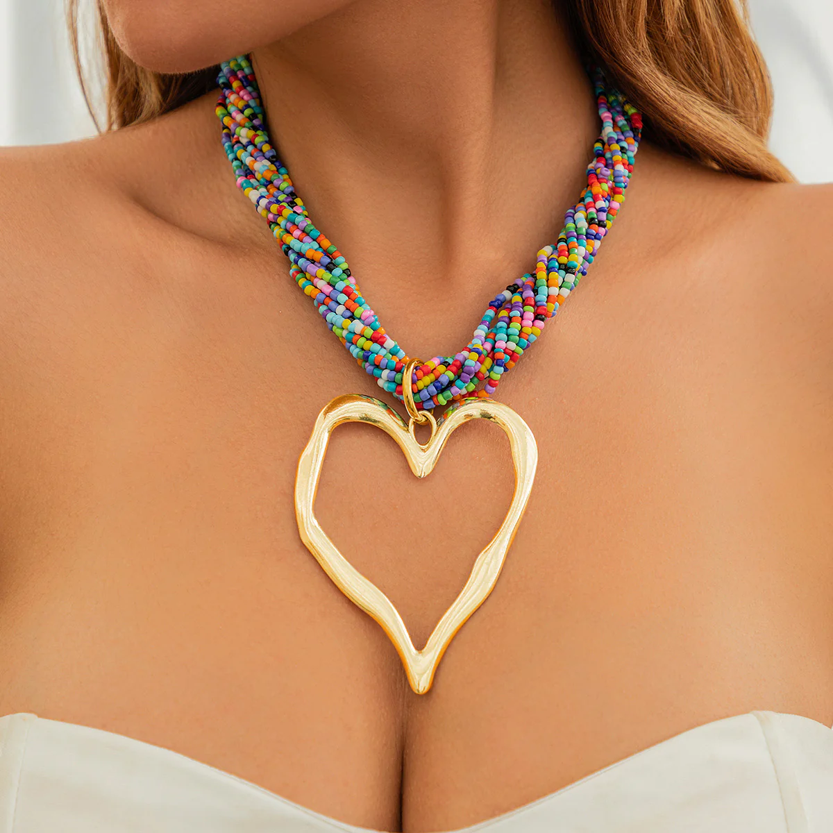 Boho Multilayer Beaded Heart Choker Necklace - Image 2