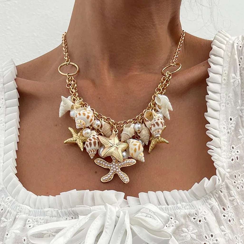 Boho Starfish & Shell Pendant Necklace