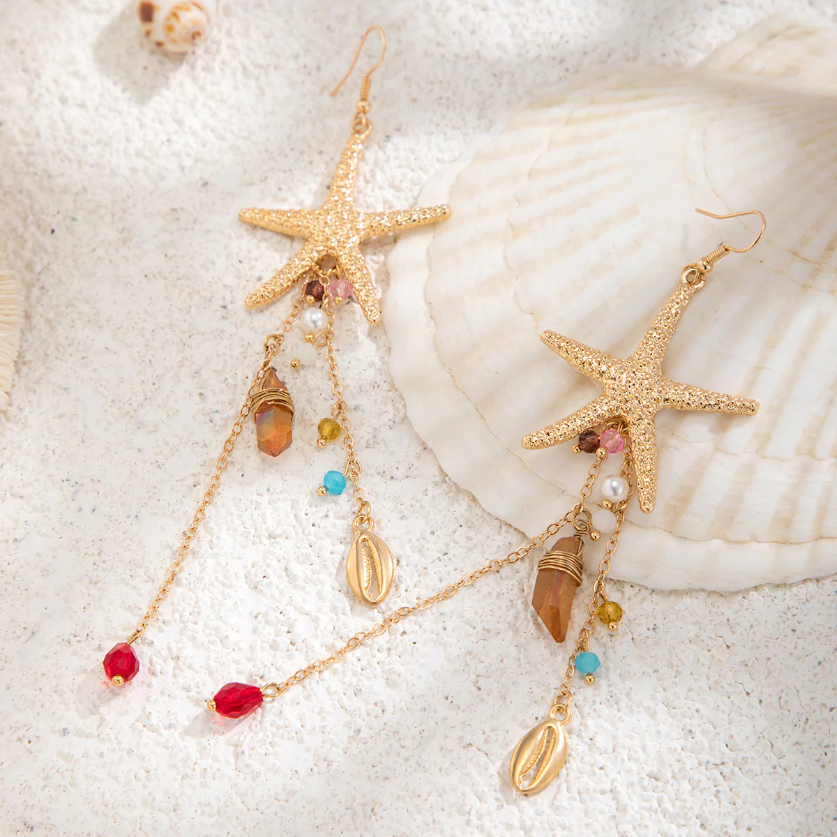 Boho Starfish Tassel Drop Earrings - Image 2