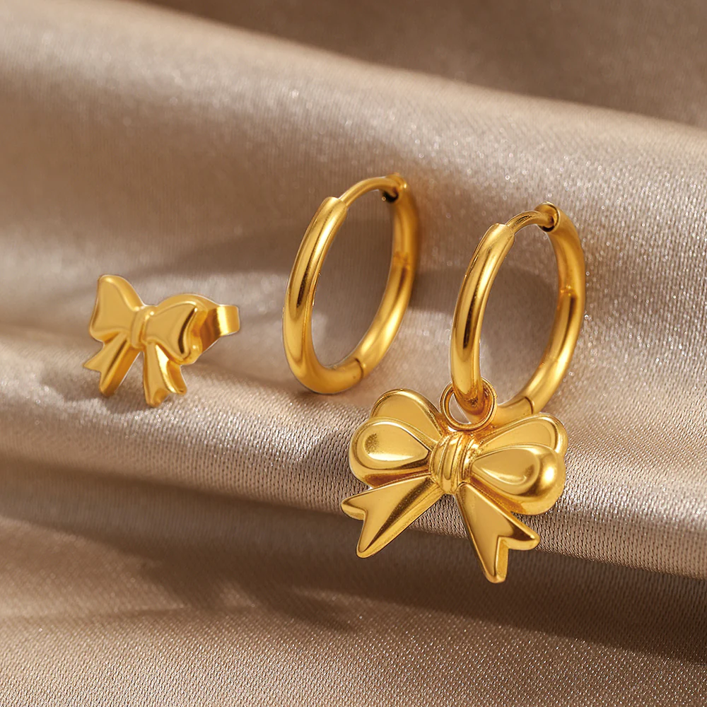 Bow Stud & Drop Earring Set - Image 2