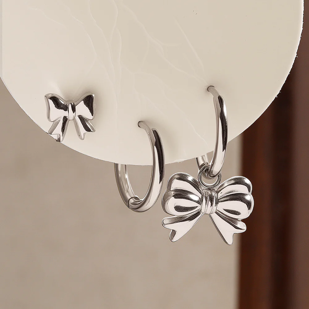 Bow Stud & Drop Earring Set - Image 3