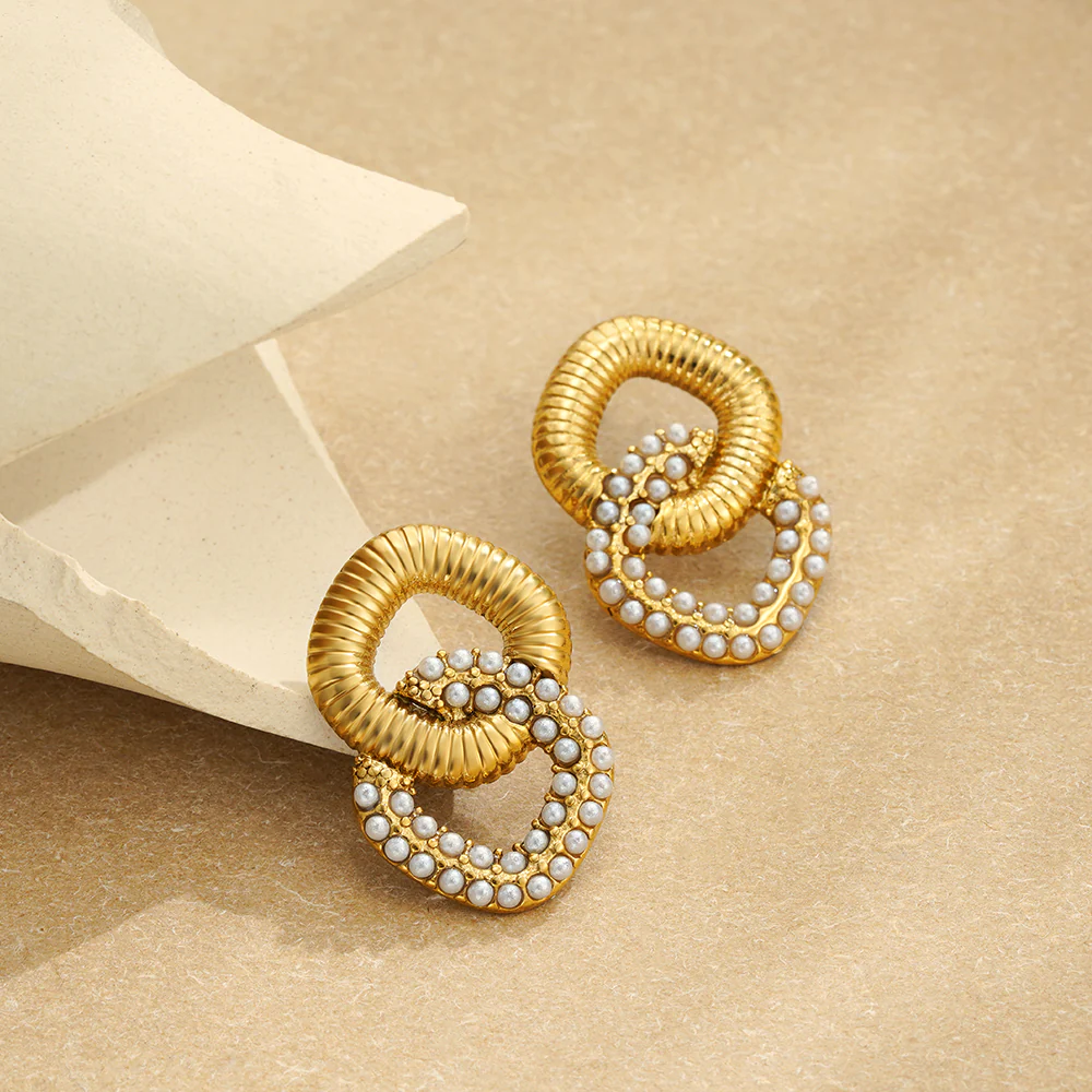 Chunky Geometric Pearl Stud Earrings - Image 2