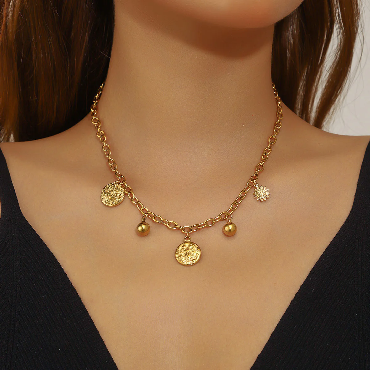 Chunky Gold Chain Necklace with Coin & Bead Charms